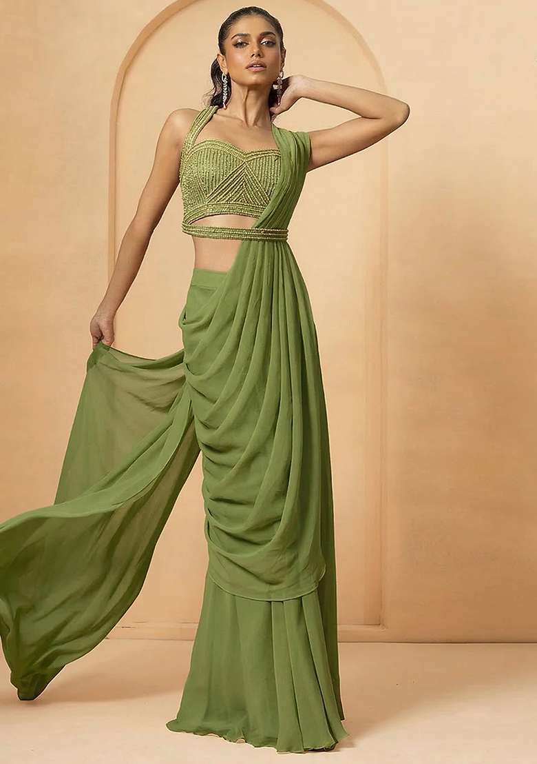 Light Green Hand Work Embellished Georgette Pre Draped Saree Set - Indya