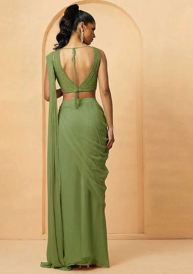 Light Green Hand Work Embellished Georgette Pre Draped Saree Set - Indya