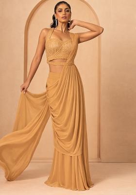 Bright Yellow Hand Work Embellished Georgette Pre Draped Saree Set