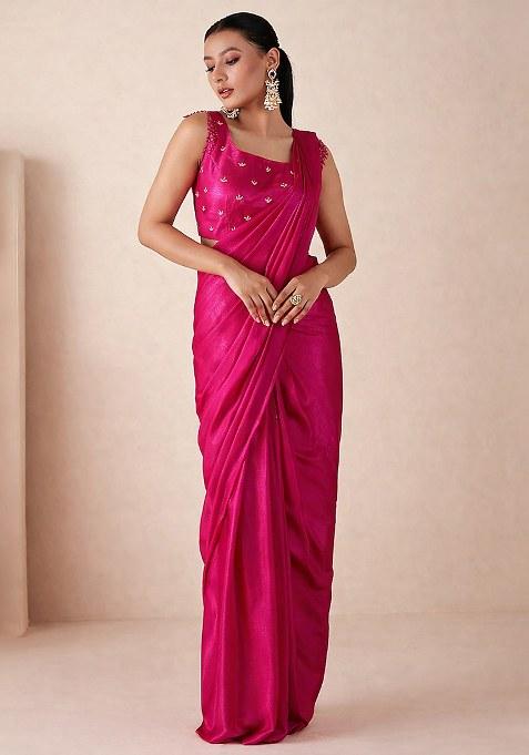 Berry Pink Hand Work Embellished Georgette Pre Draped Saree Set