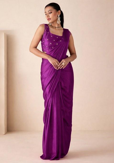 Violet Hand Work Embellished Georgette Pre Draped Saree Set