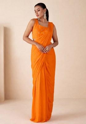 Orange Hand Work Embellished Georgette Pre Draped Saree Set