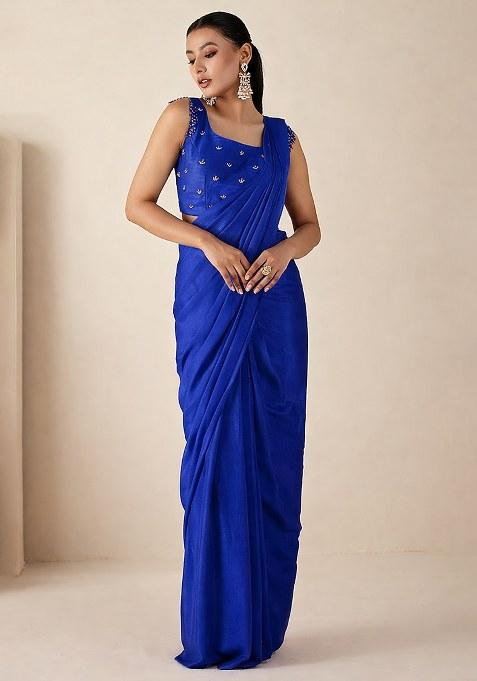 Blue Hand Work Embellished Georgette Pre Draped Saree 
