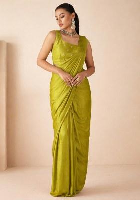 Olive Green Hand Work Embellished Georgette Pre Draped Saree Set