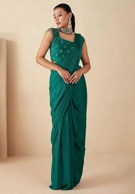 Light Green Hand Work Embellished Georgette Pre Draped Saree Set