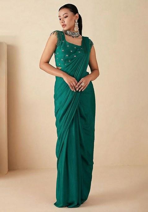 Light Green Hand Work Embellished Georgette Pre Draped Saree Set