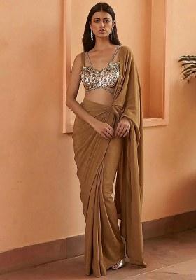 Brown Hand Work Sequin Crepe Pre Draped Saree Set