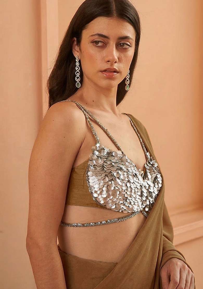 Brown Hand Work Sequin Crepe Pre Draped Saree Set - Indya