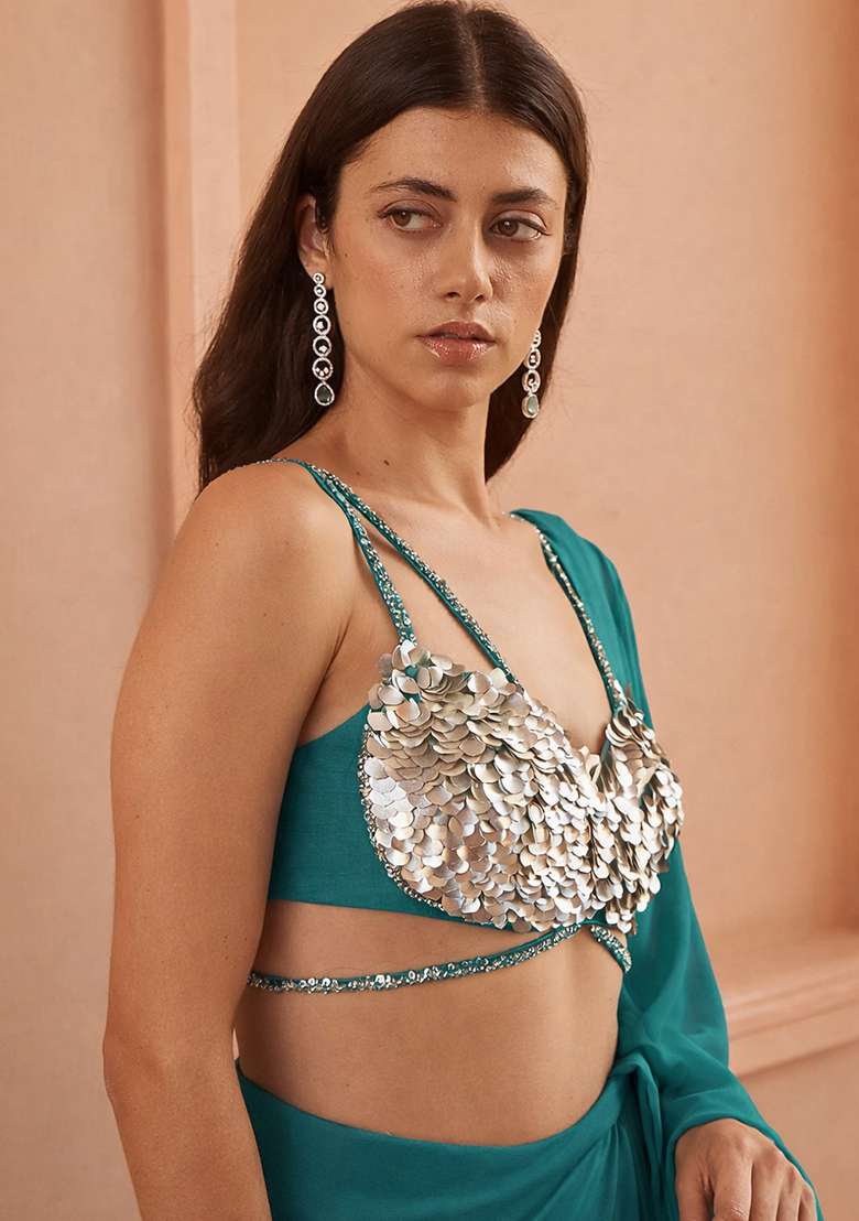 Brown Hand Work Sequin Crepe Pre Draped Saree Set - Indya