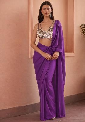 Lavender Hand Work Sequin Crepe Pre Draped Saree Set