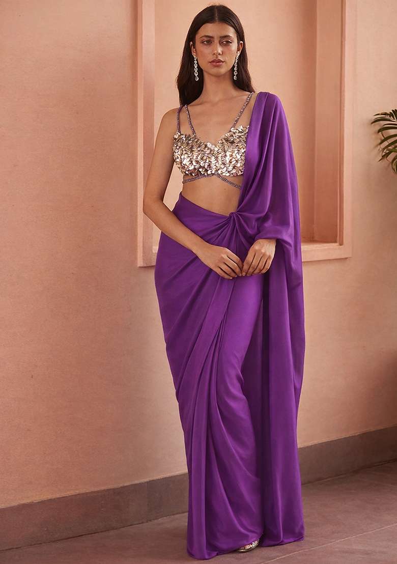 Lavender Hand Work Sequin Crepe Pre Draped Saree Set - Indya