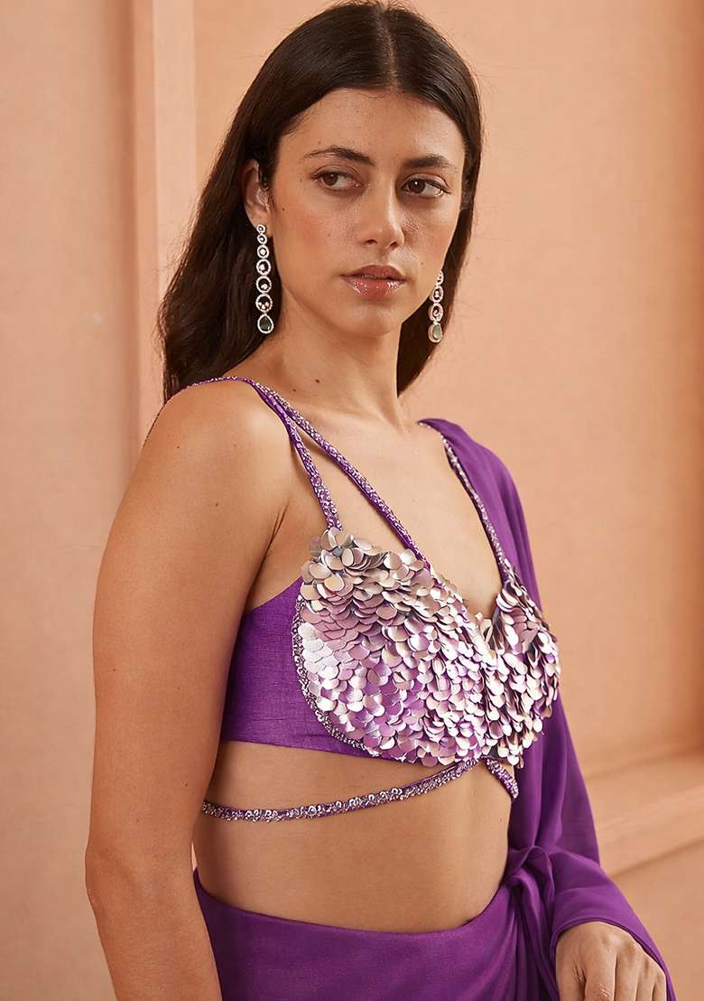 Lavender Hand Work Sequin Crepe Pre Draped Saree Set - Indya