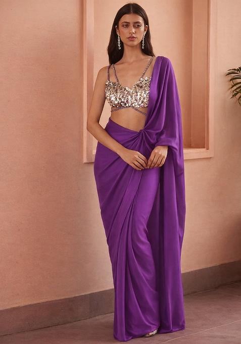Lavender Hand Work Sequin Crepe Pre Draped Saree Set
