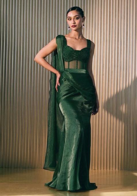 Emerald Green Hand Work Embellished Silk Pre Draped Saree Set