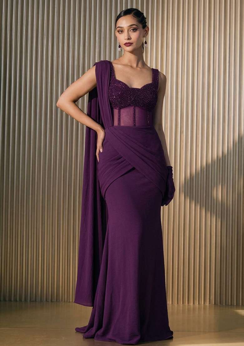 Purple Hand Work Embellished Silk Blend Pre Draped Saree Set - Indya