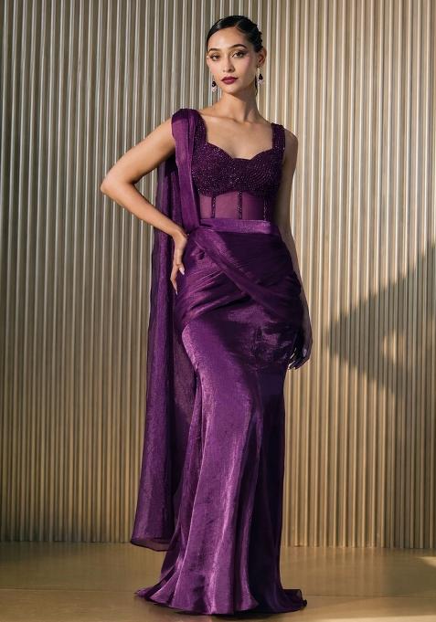 Purple Hand Work Embellished Silk Pre Draped Saree Set