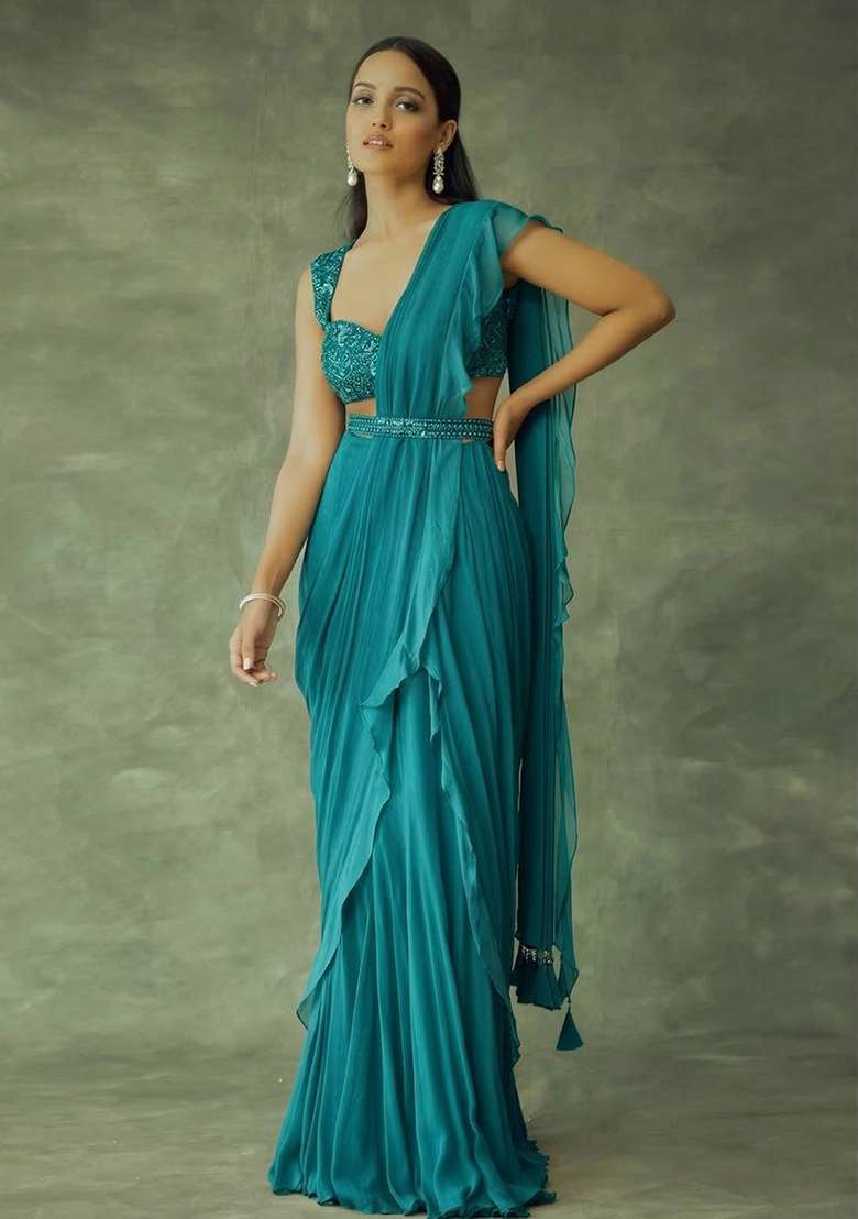 Teal Green Hand Work Embellished Chinon Pre Draped Saree Set - Indya
