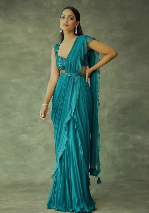 Teal Green Hand Work Embellished Chinon Pre Draped Saree Set