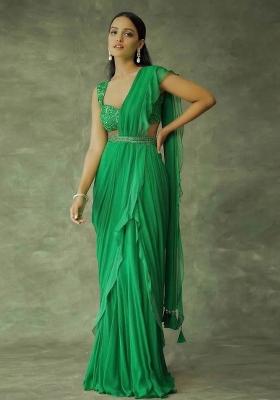 Green Hand Work Embellished Chinon Pre Draped Saree Set