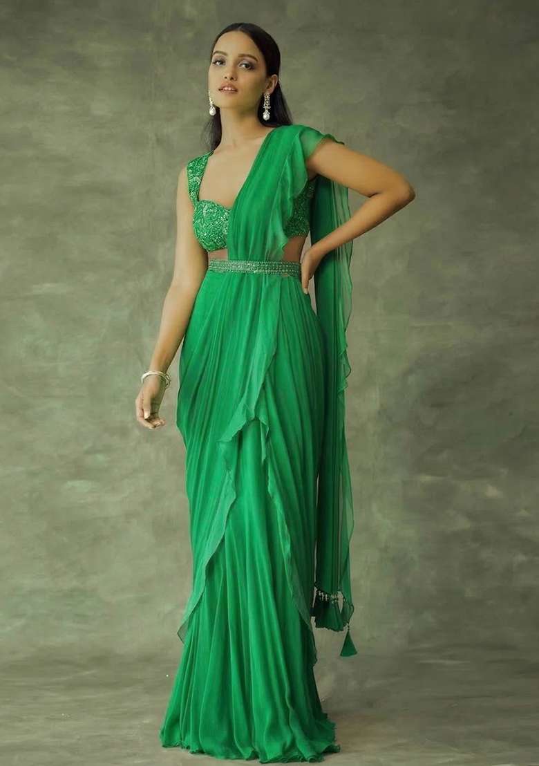 Green Hand Work Embellished Chinon Pre Draped Saree Set - Indya