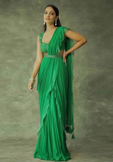 Green Hand Work Embellished Chinon Pre Draped Saree Set