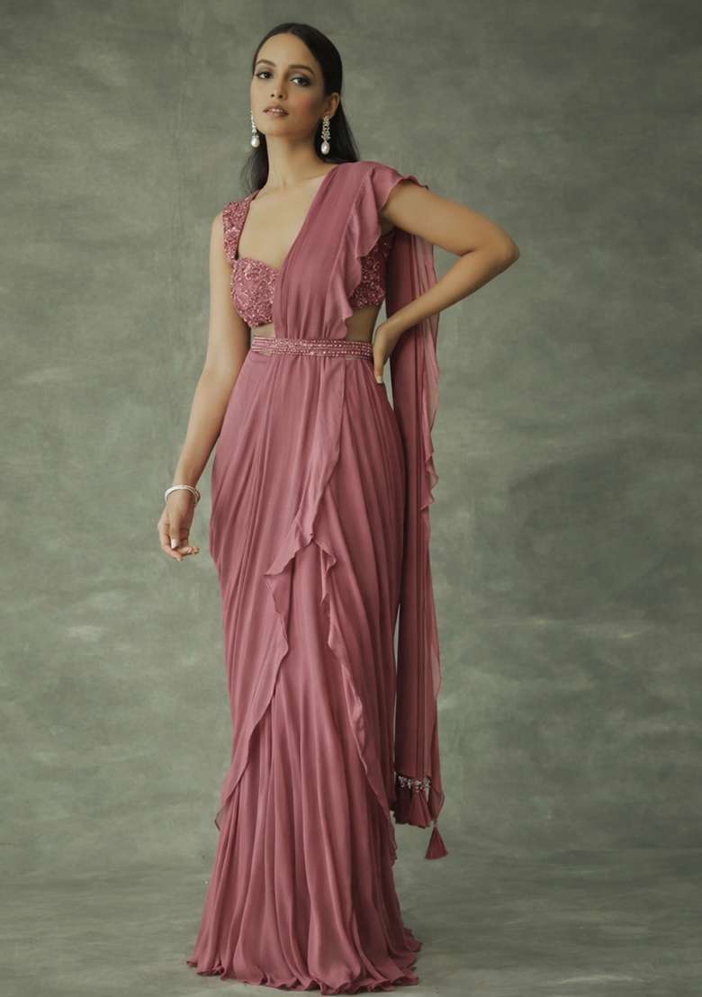 Mauve Hand Work Embellished Chinon Pre Draped Saree Set - Indya