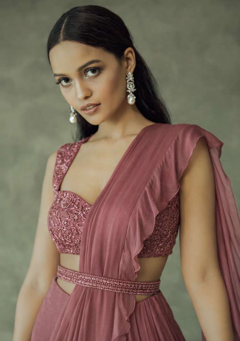 Mauve Hand Work Embellished Chinon Pre Draped Saree Set - Indya