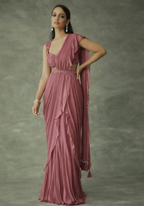 Mauve Hand Work Embellished Chinon Pre Draped Saree Set