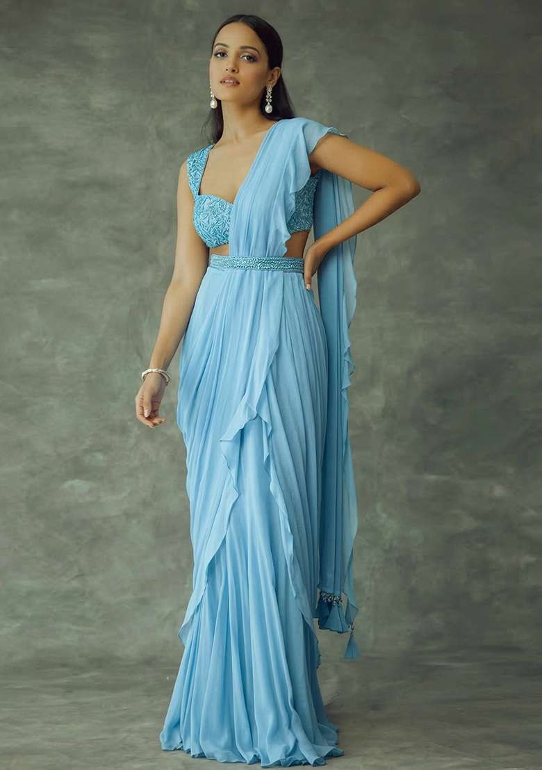 Powder Blue Hand Work Embellished Chinon Pre Draped Saree Set - Indya