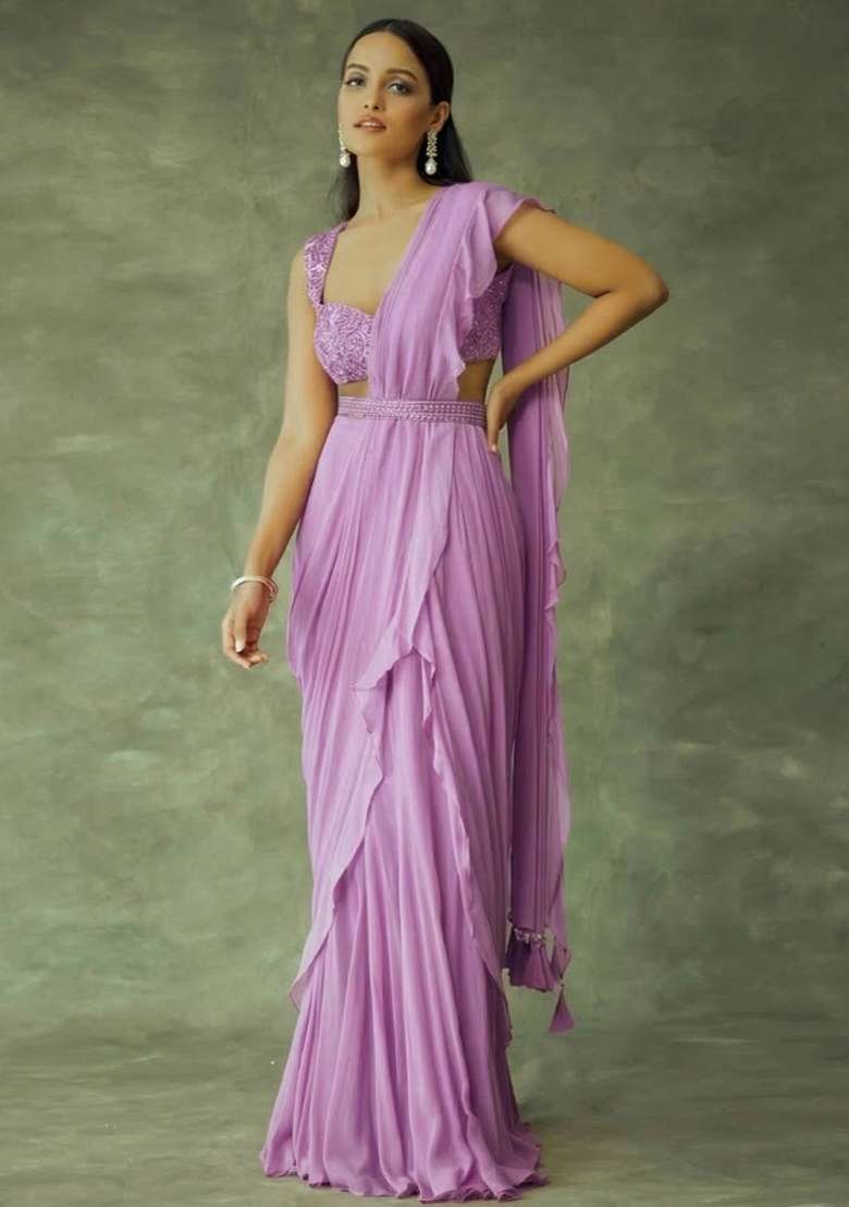 Lavender Hand Work Embellished Chinon Pre Draped Saree Set - Indya