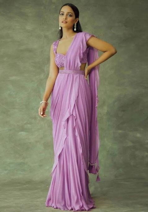 Lavender Hand Work Embellished Chinon Pre Draped Saree Set