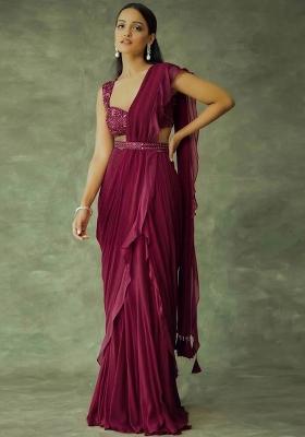 Wine Red Hand Work Embellished Chinon Pre Draped Saree Set