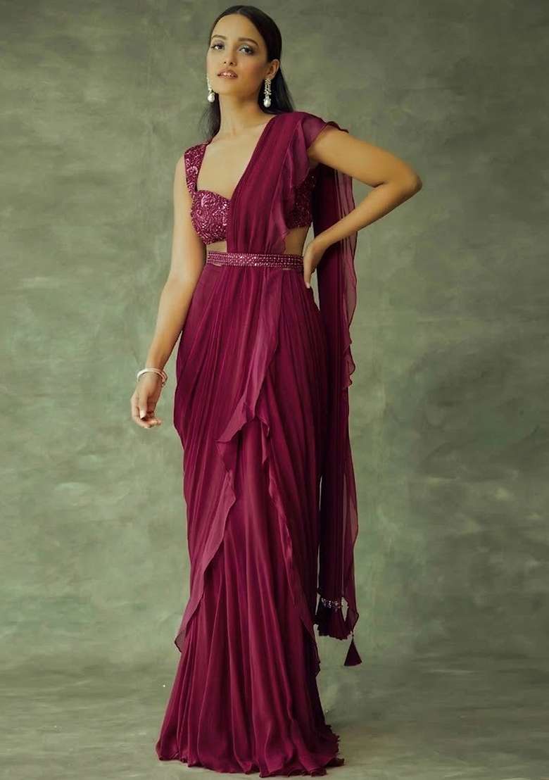 Wine Red Hand Work Embellished Chinon Pre Draped Saree Set - Indya
