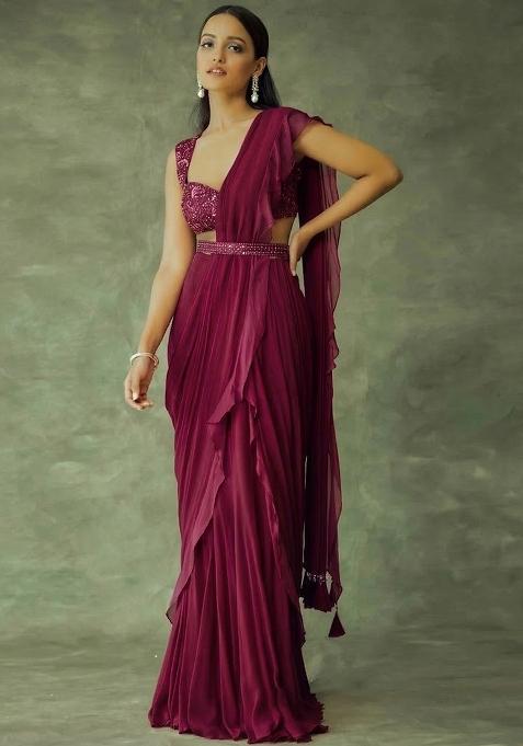 Wine Red Hand Work Embellished Chinon Pre Draped Saree Set