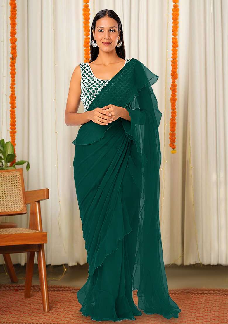 Forest Green Hand Work Embellished Chinon Pre Draped Saree Set - Indya