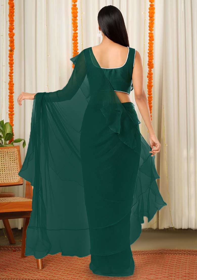 Forest Green Hand Work Embellished Chinon Pre Draped Saree Set - Indya