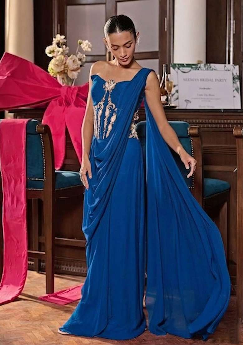 Navy Blue Hand Work Embroidered Pre Draped Saree Set - Indya
