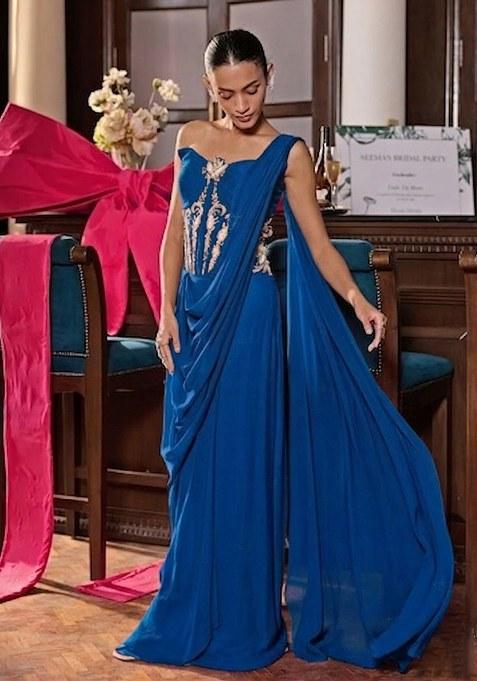 Navy Blue Hand Work Embroidered Pre Draped Saree Set