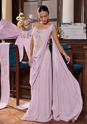 Light Purple Hand Work Embroidered Pre Draped Saree Set