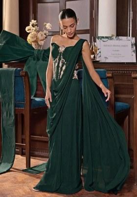 Dark Blue Hand Work Embroidered Pre Draped Saree Set