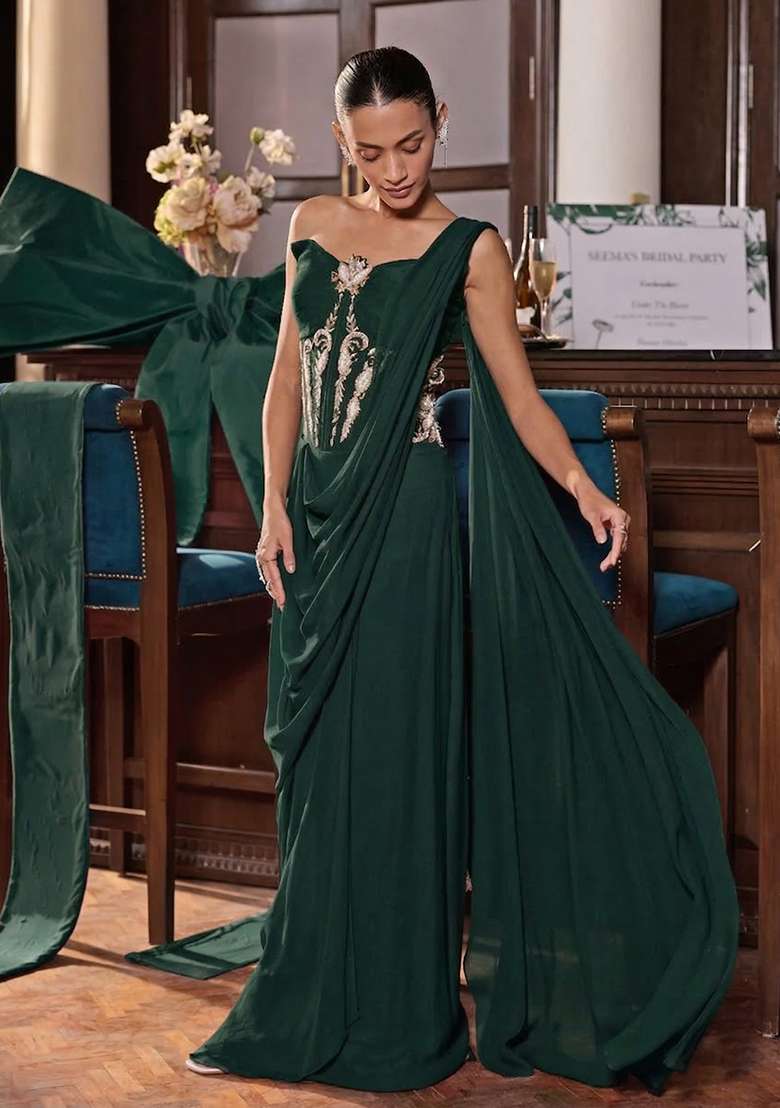 Dark Blue Hand Work Embroidered Pre Draped Saree Set - Indya