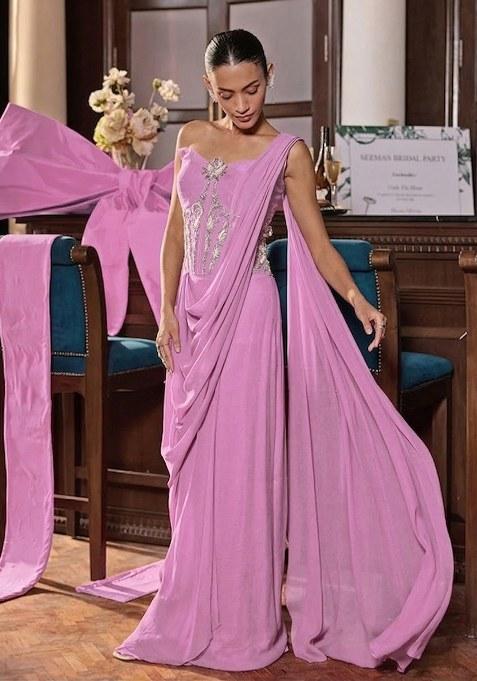 Soft Pink Hand Work Embroidered Pre Draped Saree Set