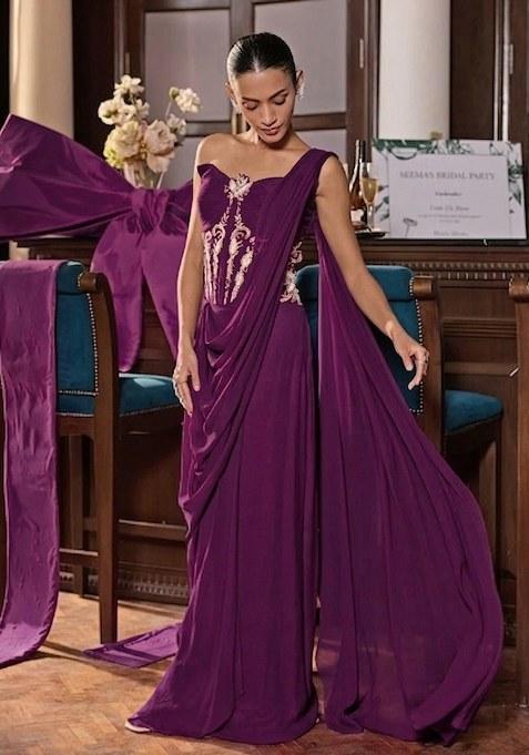 Blush Pink Hand Work Embroidered Pre Draped Saree Set