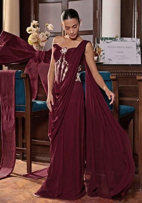  Red Hand Work Embroidered Pre Draped Saree Set