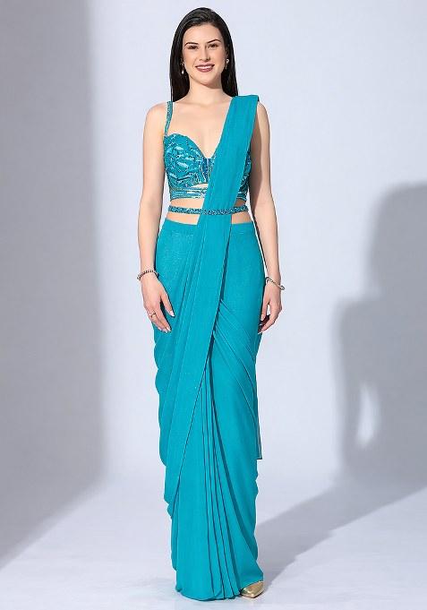 Sky Blue Hand Work Sequin Pre Draped Saree Set