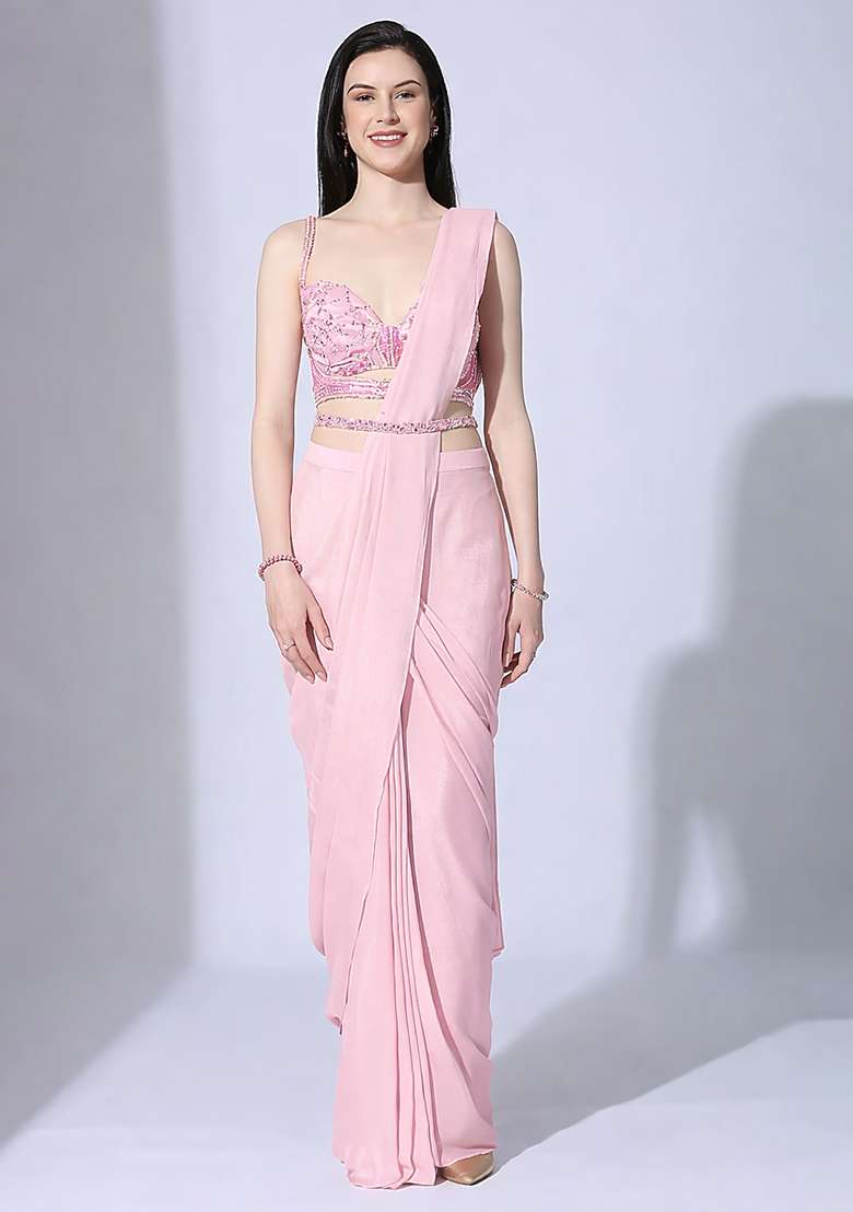 Bright Pink Hand Work Sequin Pre Draped Saree Set - Indya
