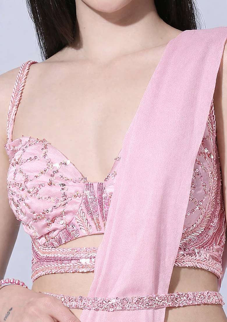 Bright Pink Hand Work Sequin Pre Draped Saree Set - Indya
