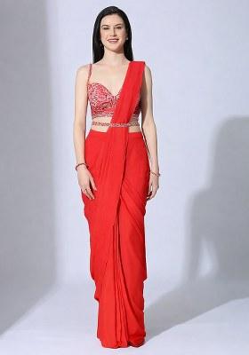 Bright Pink Hand Work Sequin Pre Draped Saree Set