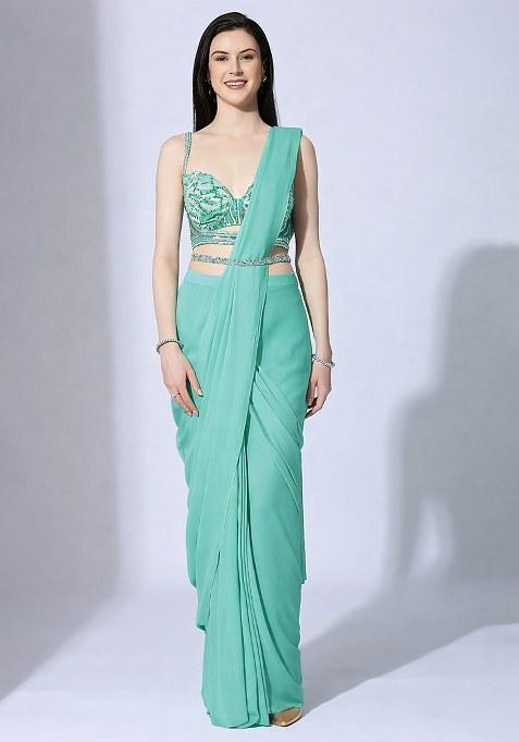 Bright Red Hand Work Sequin Pre Draped Saree Set