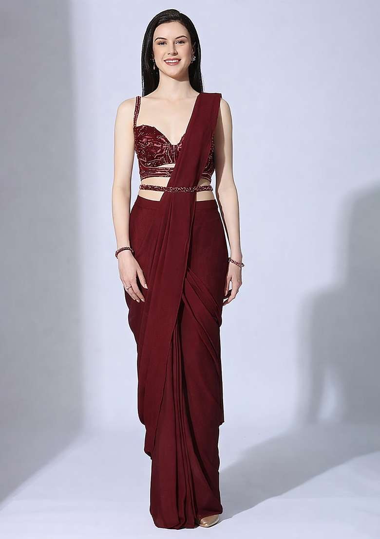 Red Hand Work Sequin Pre Draped Saree Set - Indya